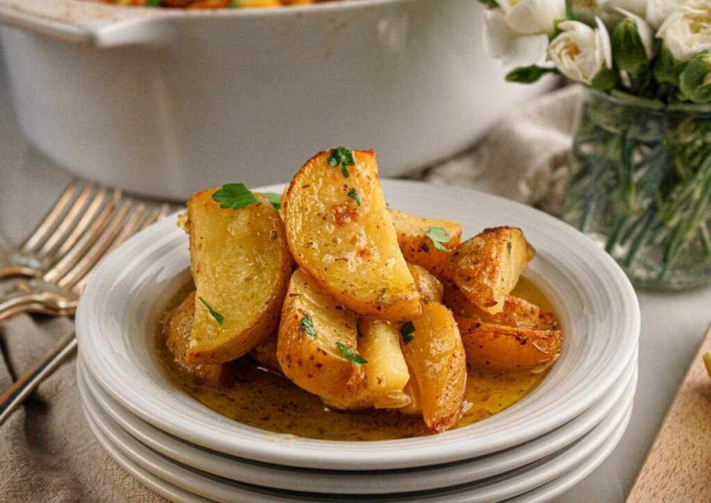 Greek lemon potatoes on a plate.