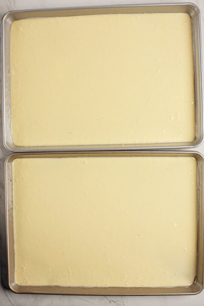 Batter in two half sheet pans ready for the oven.
