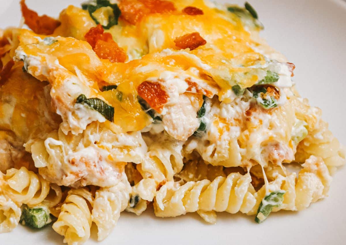 Serving of jalapeno popper chicken pasta on a plate.