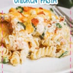 Serving of jalapeno popper chicken pasta on a plate.