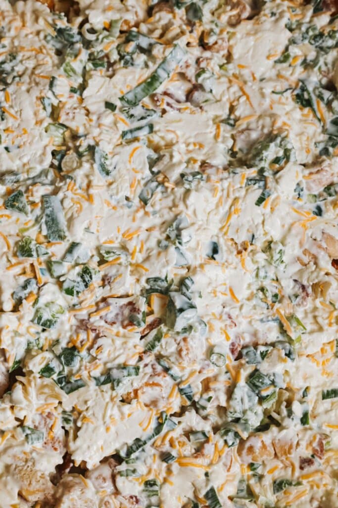 Casserole dish full of food, ready for the oven.