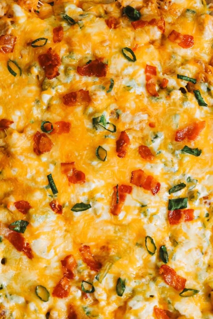 Baked casserole with cheese on top.