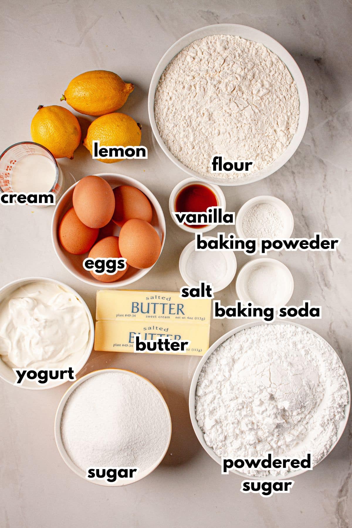 Bowls of ingredients on a counter.