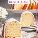 Slice of lemon bundt cake on a plate.