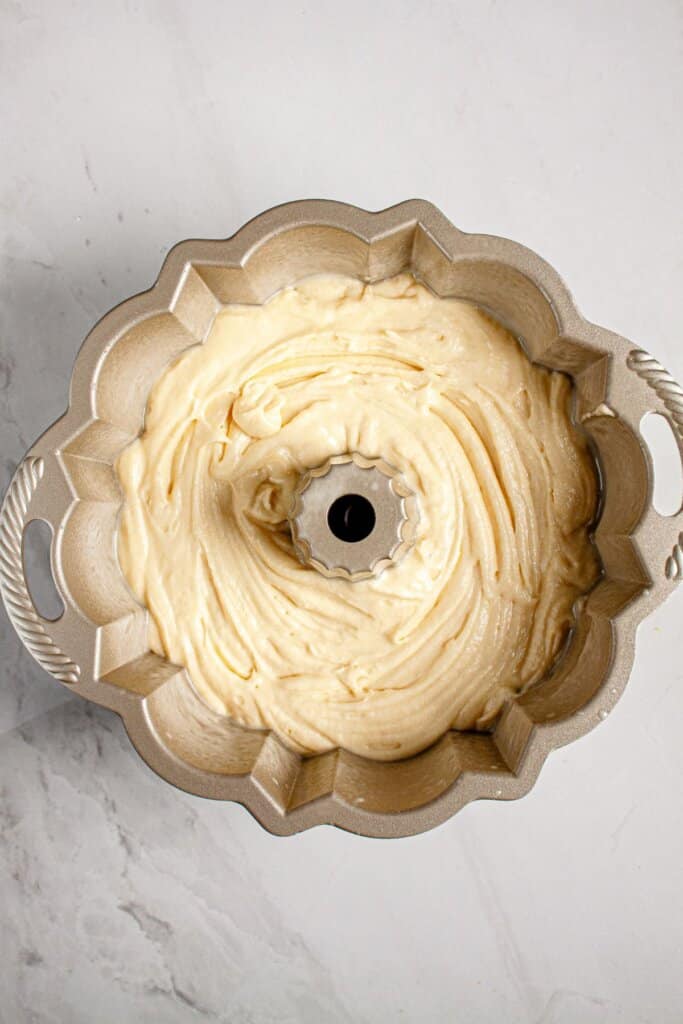 Batter in a baking pan ready for the oven.