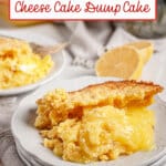 Serving on lemon cream cheese dump cake on a plate.