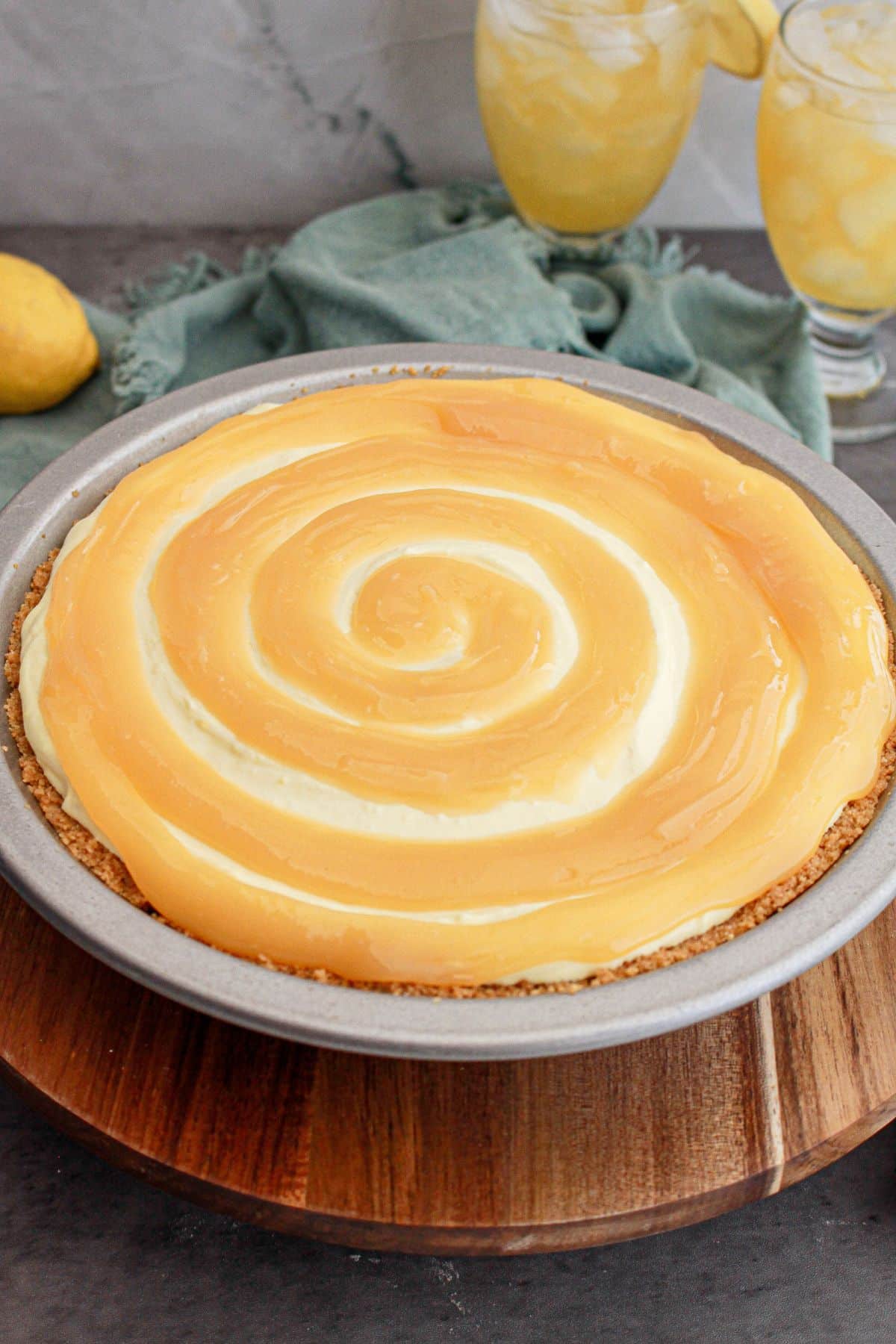 Lemonade cream cheese pie in a pie plate.