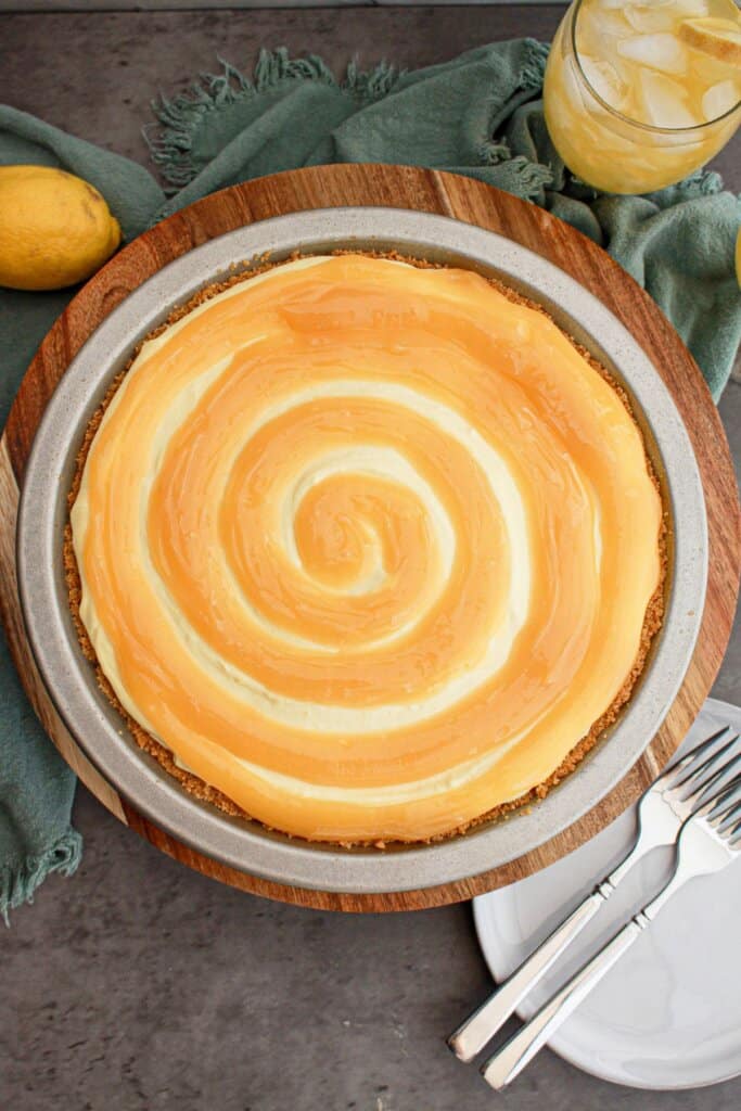 Lemonade cream cheese pie in a pie plate.