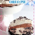 Slice of no bake oreo pie on a plate.