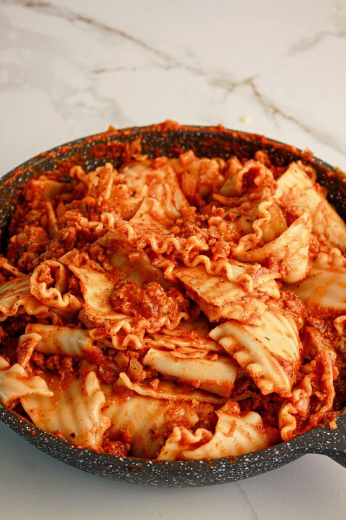 Pasta in a skillet.