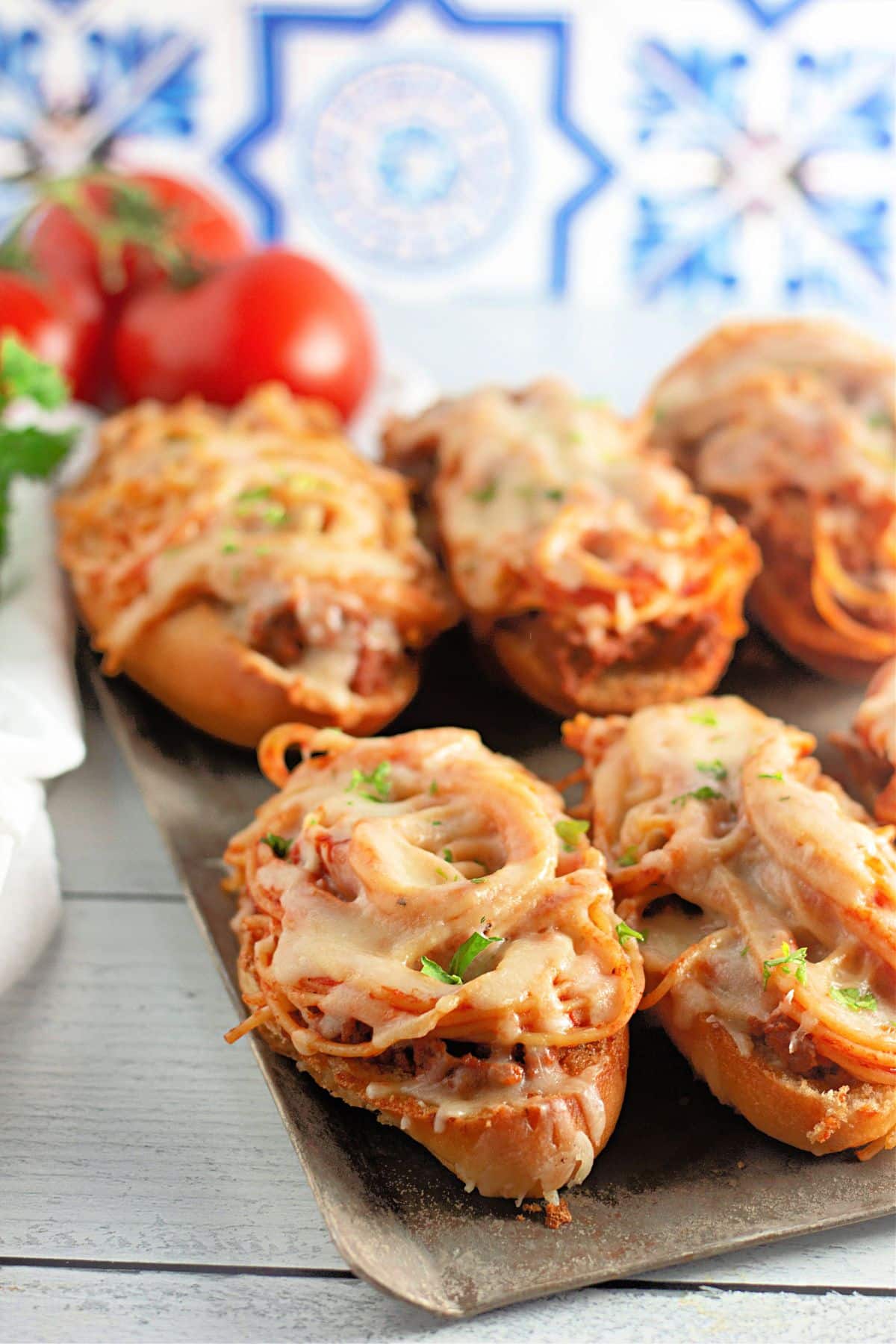 Spaghetti bread on a baking sheet.