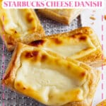 Four starbucks cheese danishes on a wire rack.