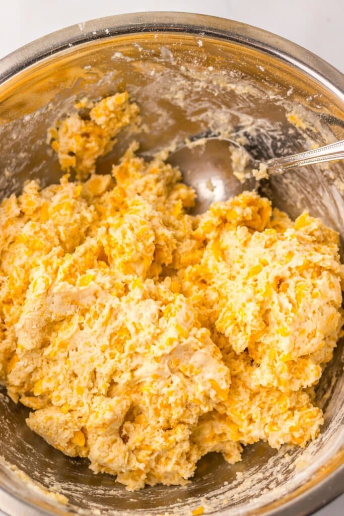 Dough in a stainless steel mixing bowl.