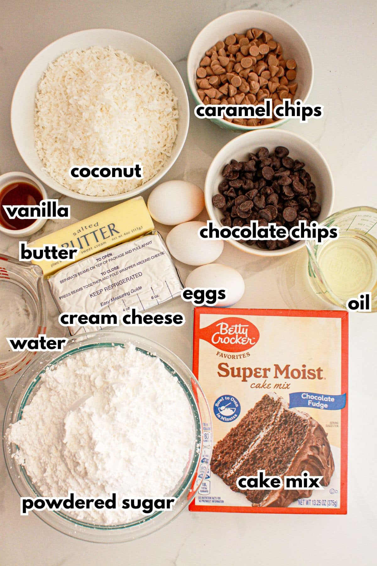 Bowls of ingredients on a counter.