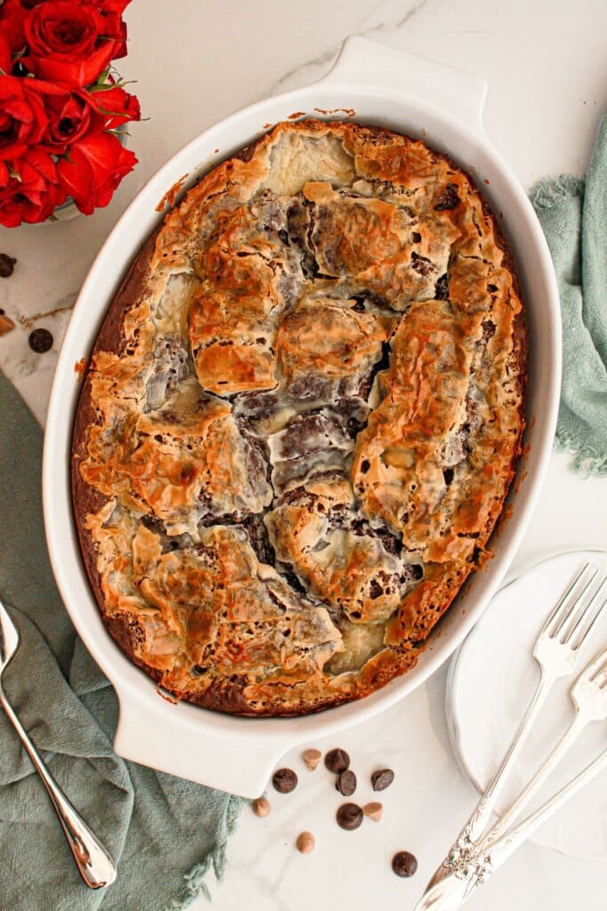 Baked earthquake in a white casserole dish.