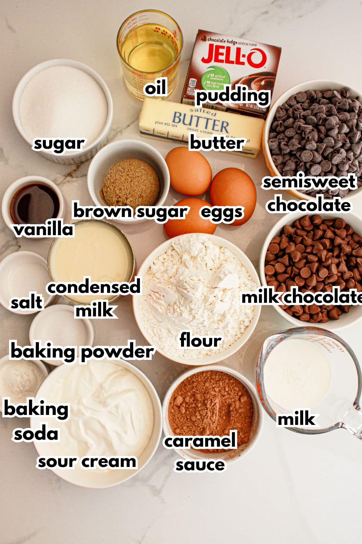 Bowls of ingredients on a counter ready to cook.