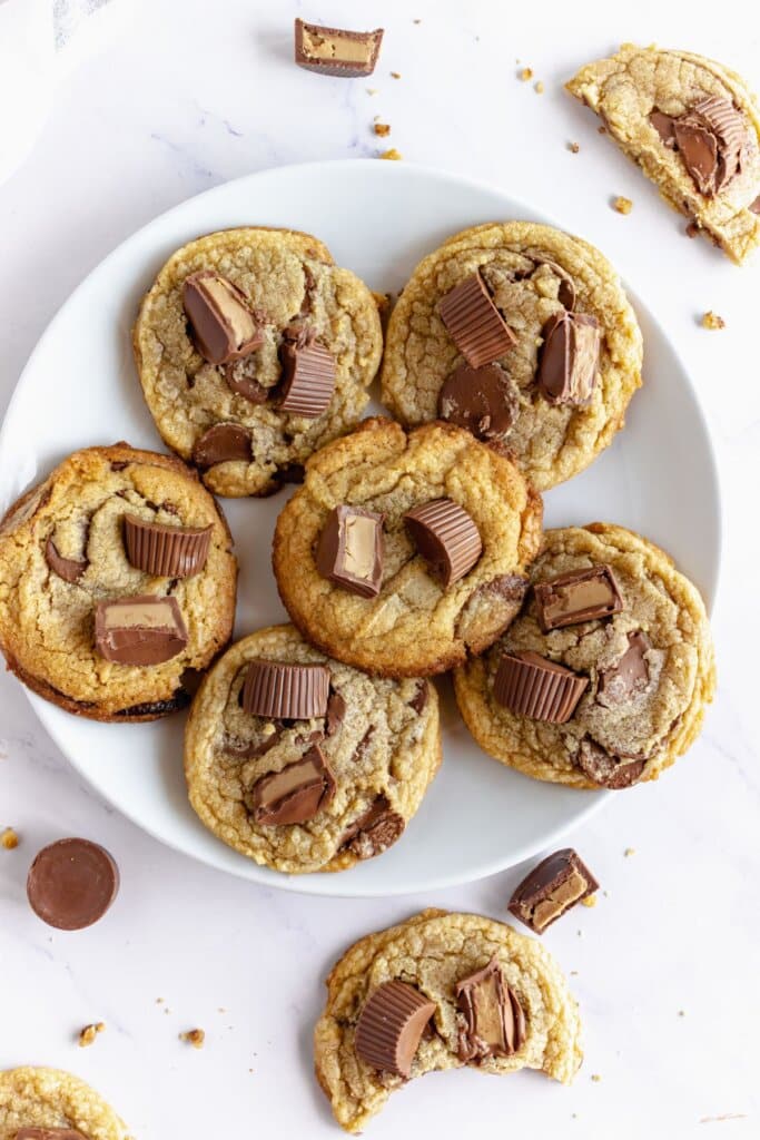 Peanut butter cup cookies on a white plate.