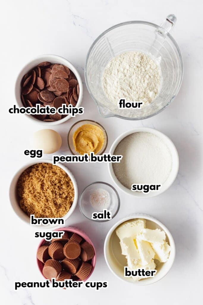 Bowls of ingredients labelled with text on a counter.