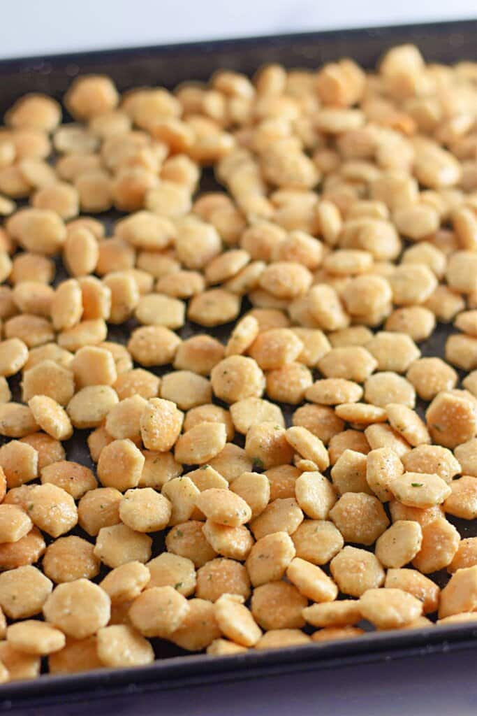 Snacks spread out on a baking dish.