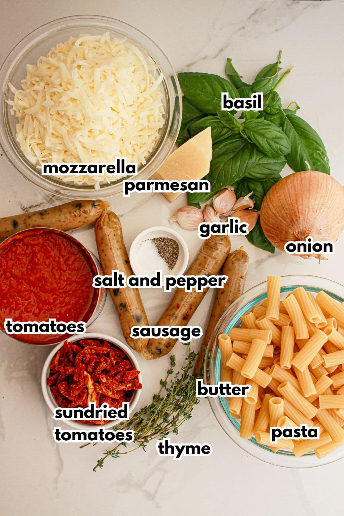 Ingredients labelled with text on a counter.