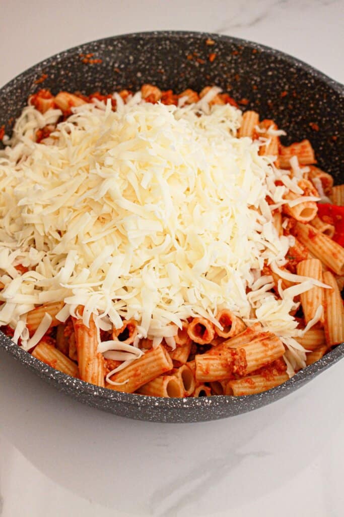 Mozzarella cheese on top of pasta in a large bowl.