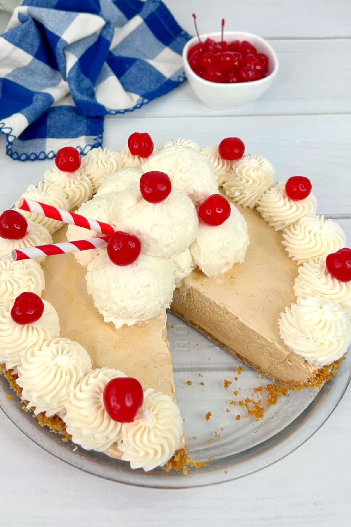 Root beer pie with a slice missing.