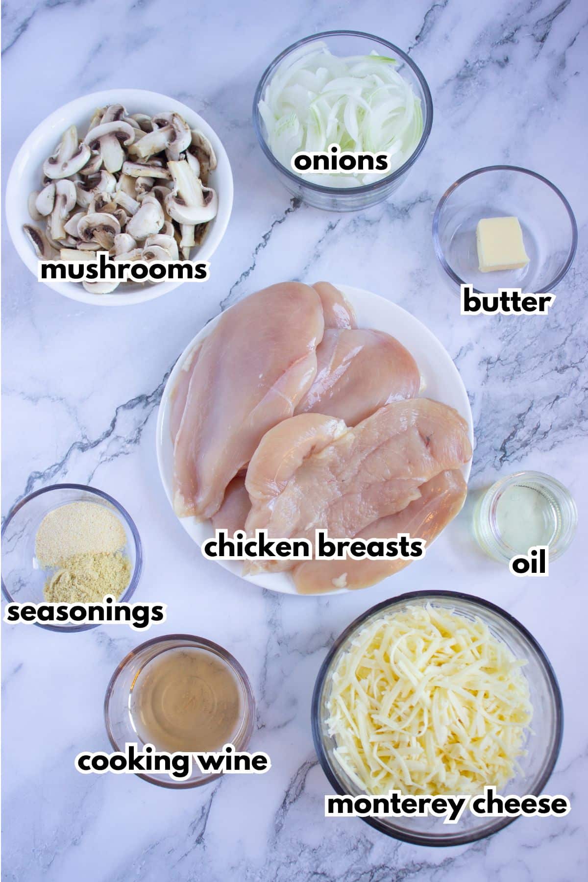 Ingredients labelled with text on a counter ready to cook.