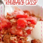 Serving of strawberry rhubarb crisp in a white bowl topped with a scoop of ice cream.