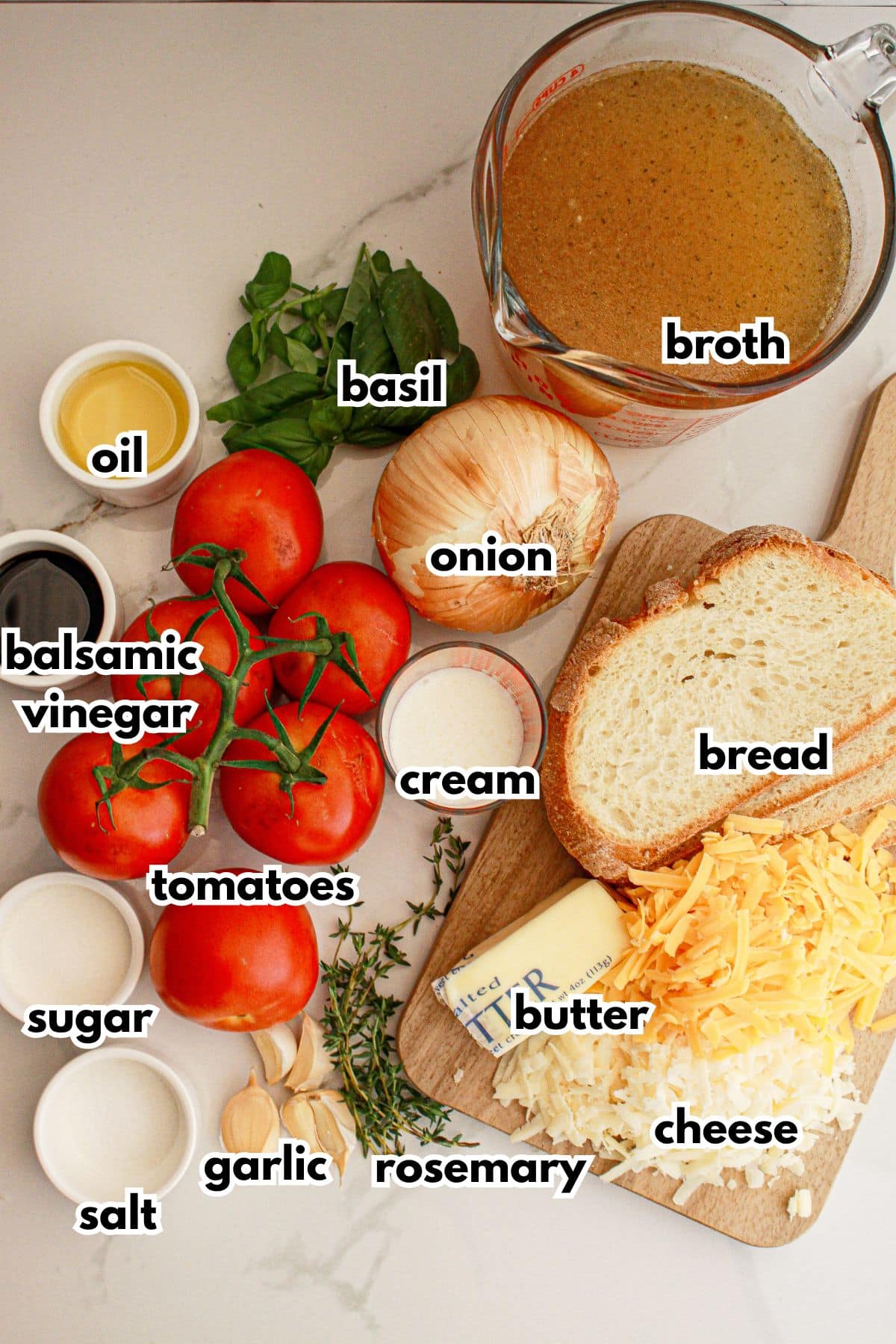 Ingredients labelled with texts on a counter.