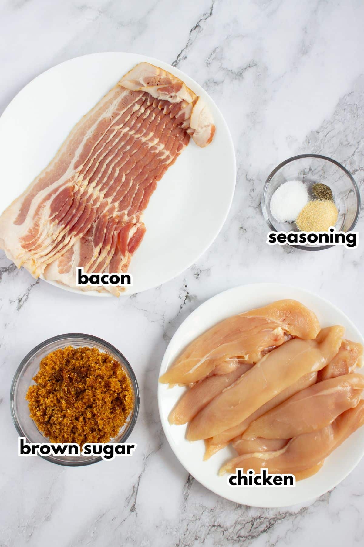 Ingredients on bowls on a counter labelled with text.