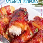 Bacon wrapped chicken tenders on a plate with a bowl of ranch.