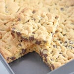 Cake mix cookie bar in a baking dish.