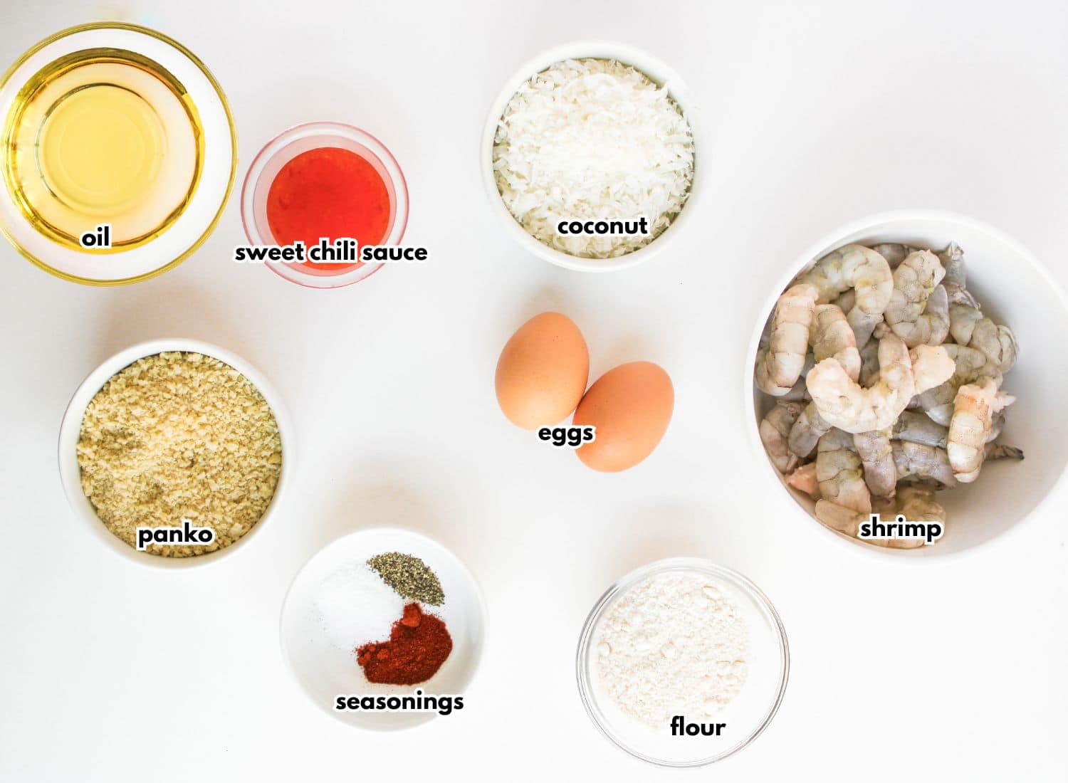 Bowls of ingredients labelled with text.