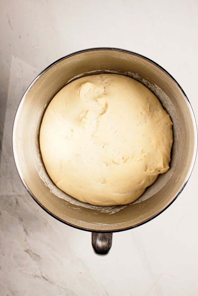 Dough ball in a stainless steel mixing bowl.