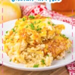 Serving of french onion chicken and rice on a plate.