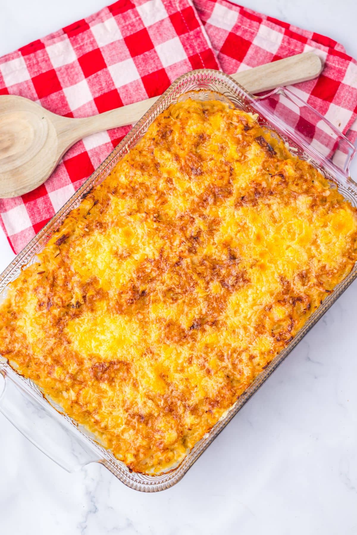 French onion chicken and rice in a casserole dish.