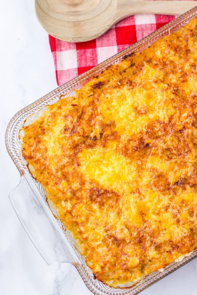 French onion chicken and rice in a casserole dish.