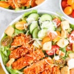 White bowl filled with hot honey chicken salad.