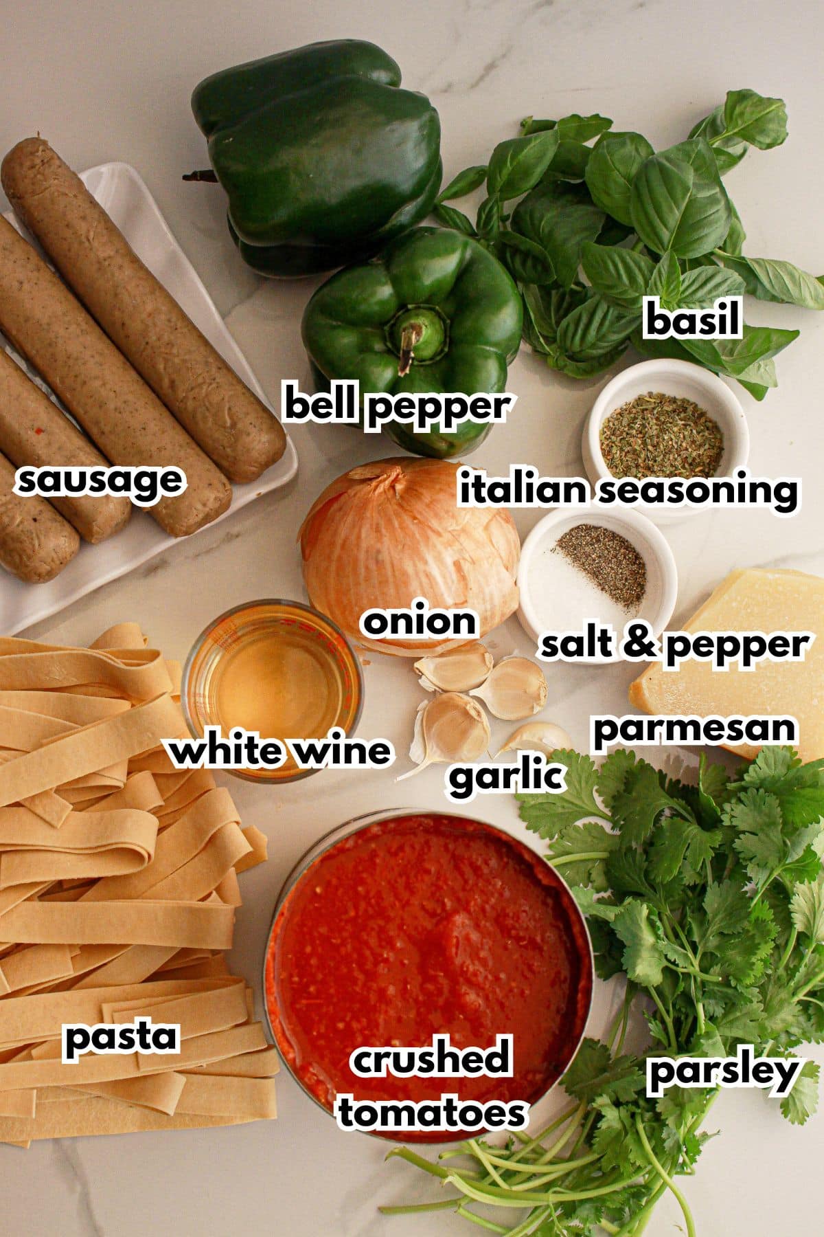 Bowls of ingredients on a counter labelled with text.