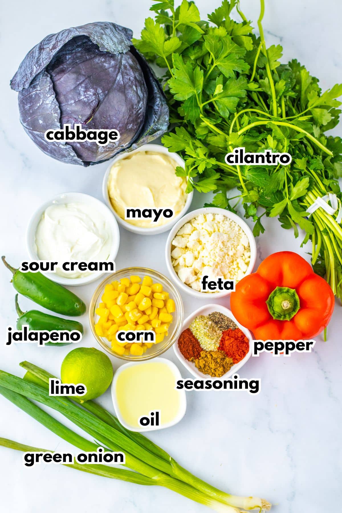 Bowls of ingredients labelled with text on a counter.