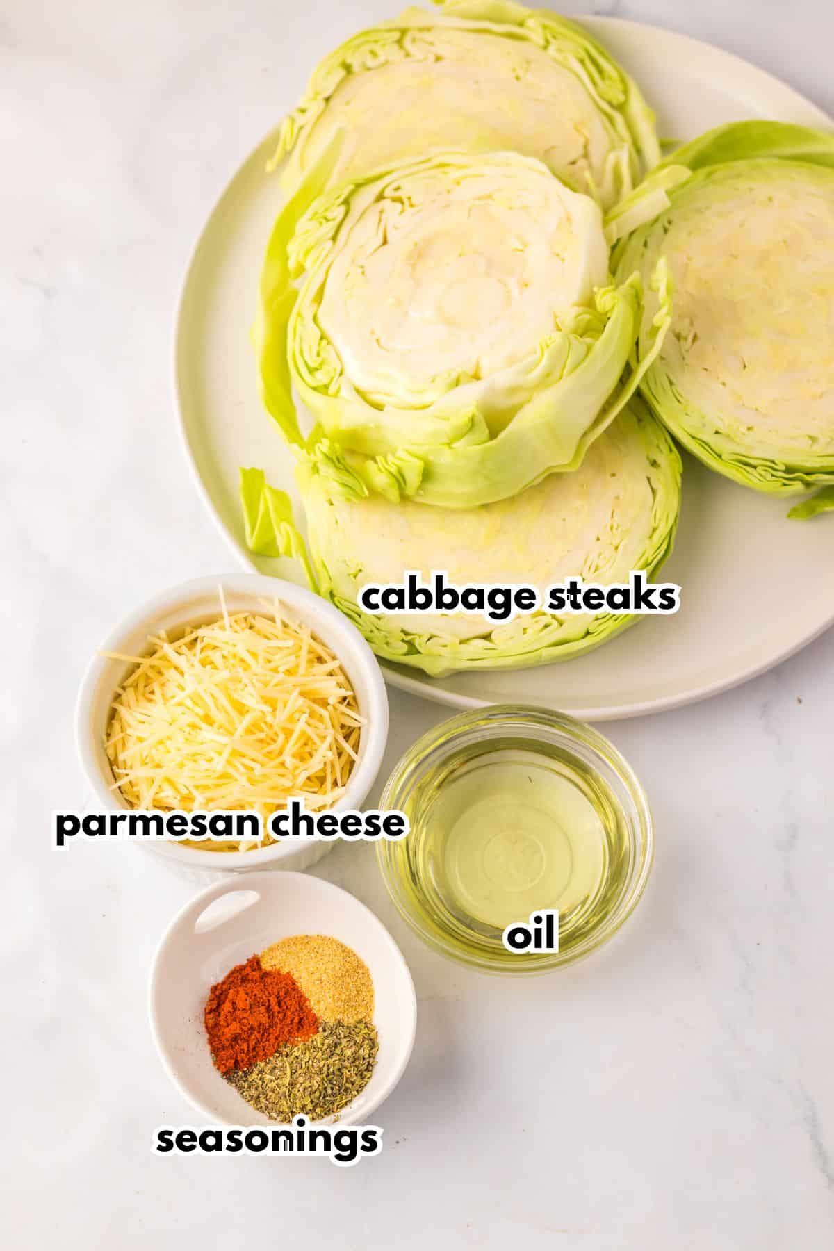 Ingredients in bowls on a counter labelled with text.