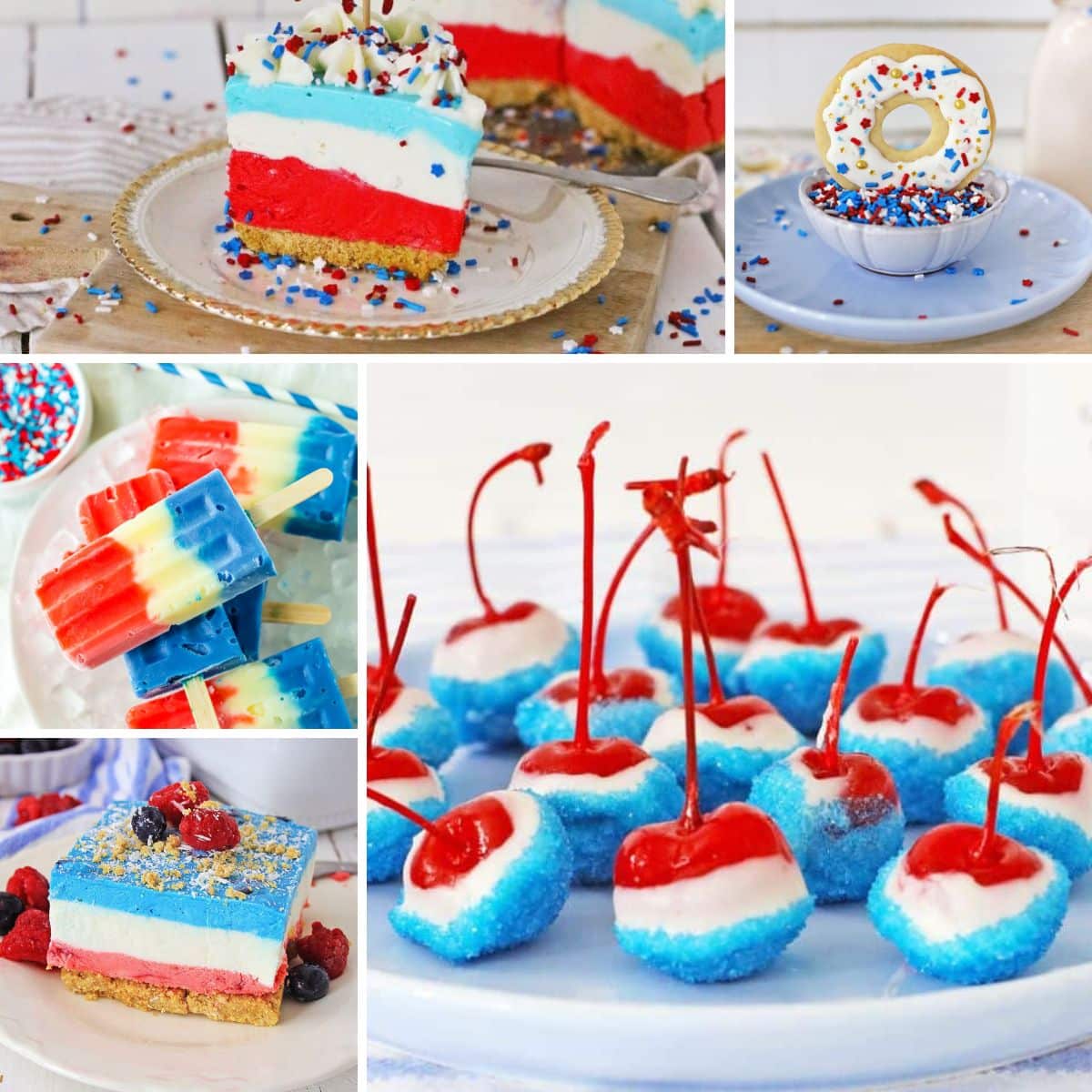 Collage of red white and blue desserts.