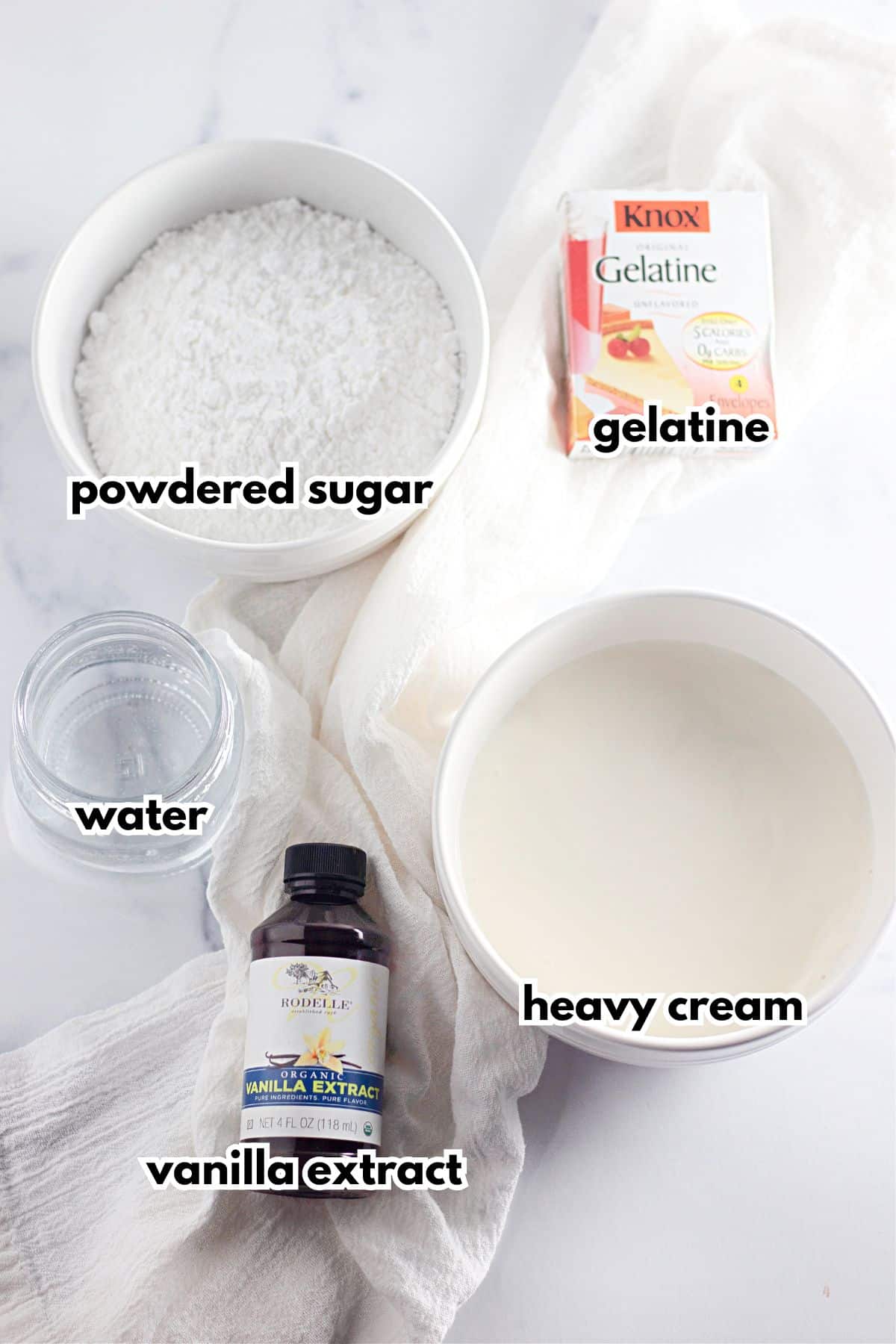 Bowls of ingredients labelled with text on a counter.