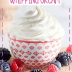 Red and white bowl full of stabilized whipped cream.