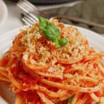 White plate full of a serving of tomato butter pasta.