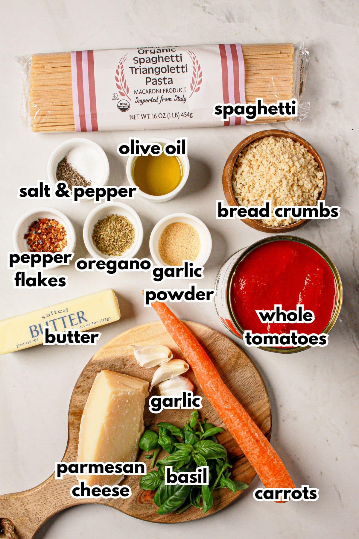 Ingredients labelled with text on a counter.