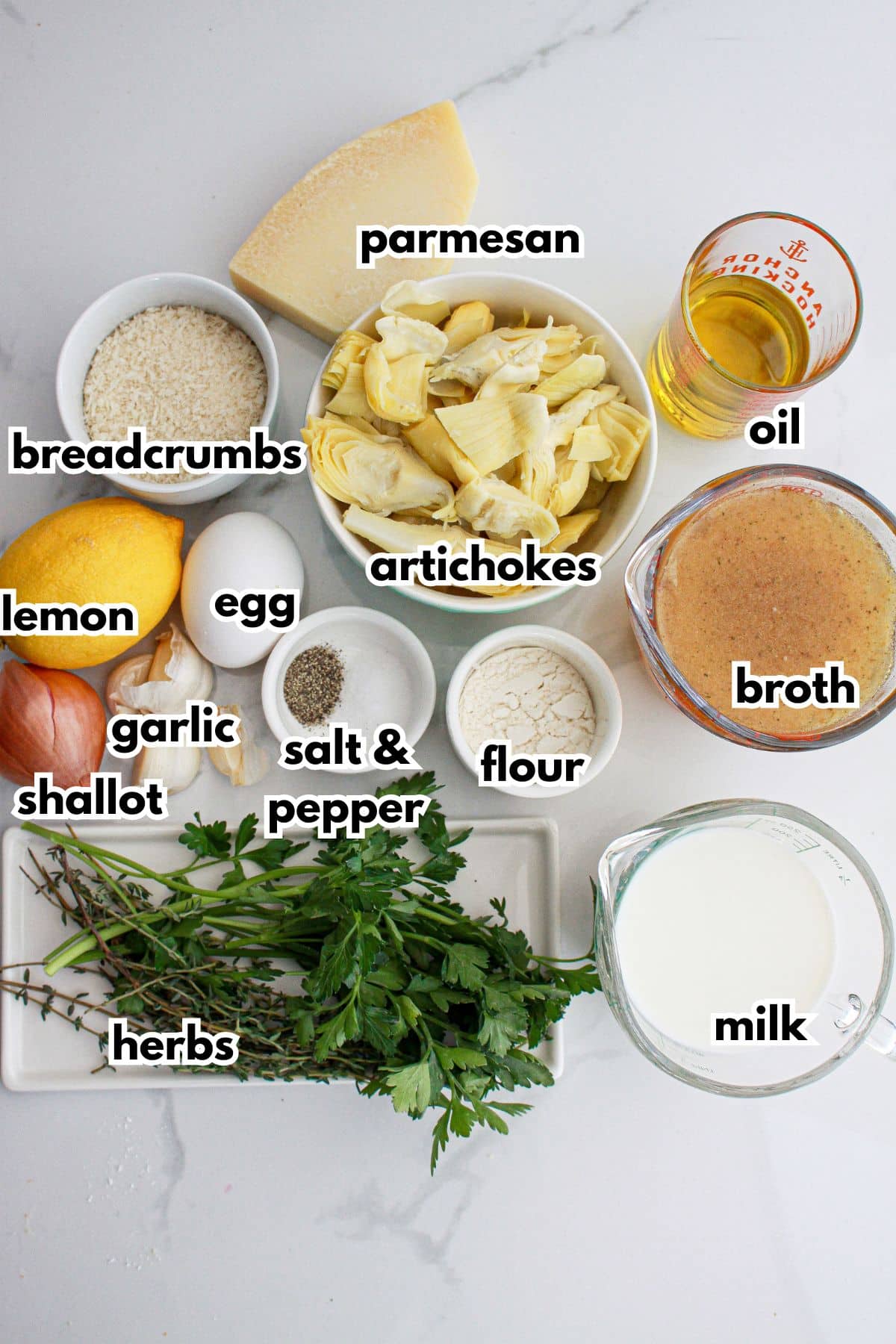 Bowls of ingredients on a counter labelled with text.