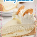 Slice of banana pudding cheesecake on a plate.