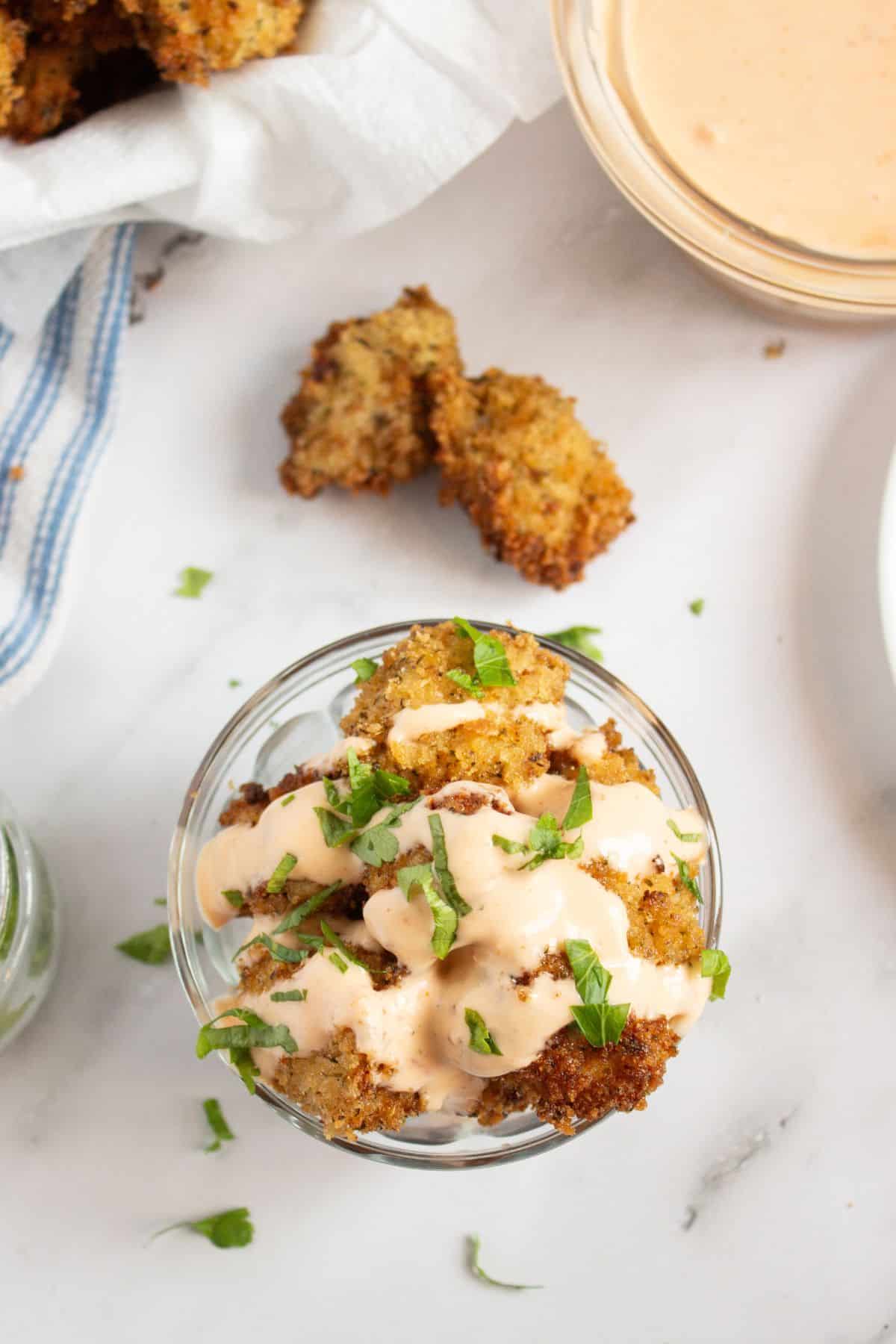 Bang Bang chicken in a small glass bowl.