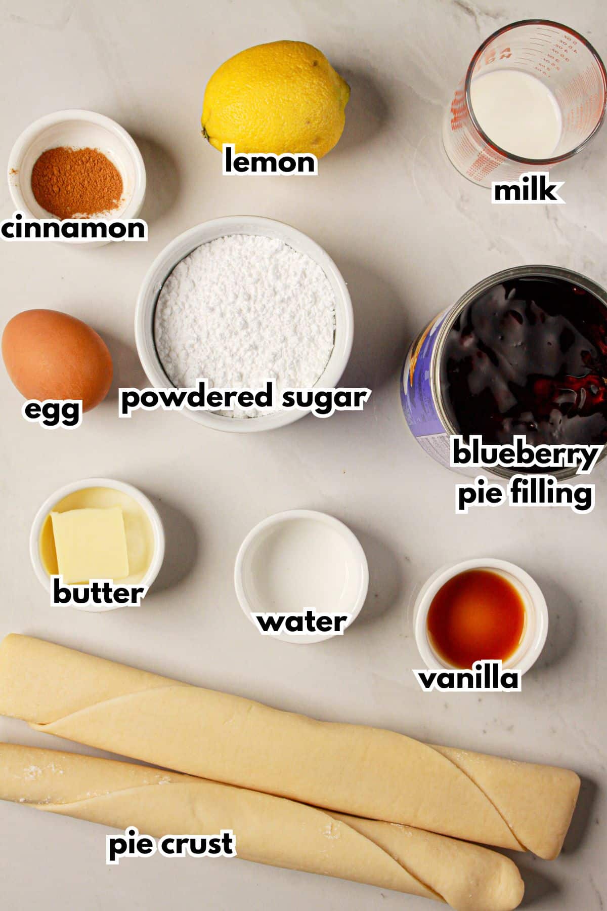 Ingredients labelled with text on a backdrop.